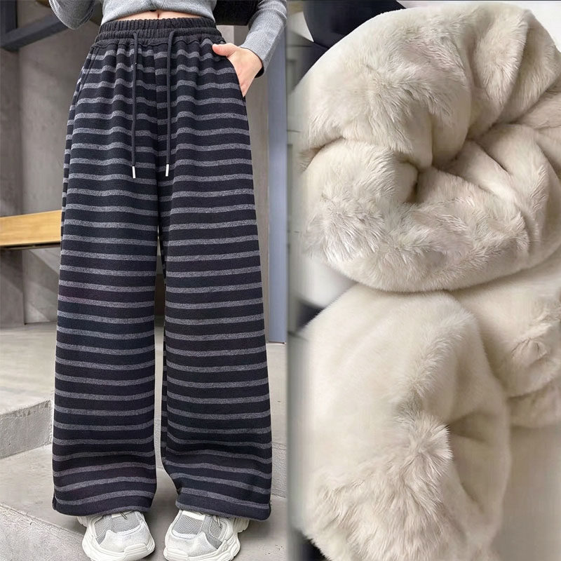 女童条纹加厚毛绒阔腿保暖长裤