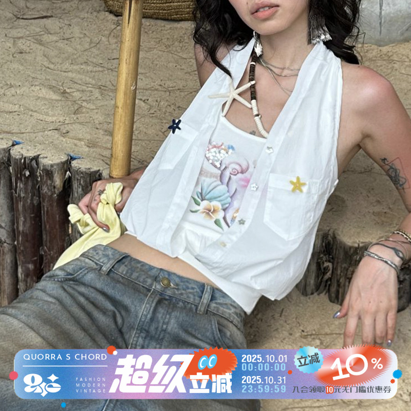QSC原创刺绣沙滩宝藏扶桑花印花工艺纯棉背心拼接衬衫挂脖上衣