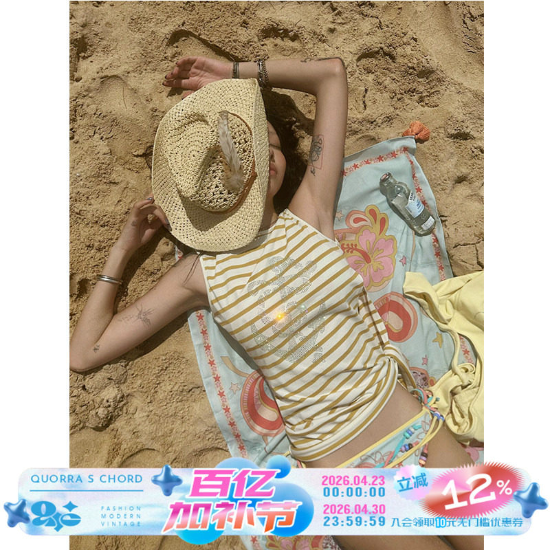 QSC原创纯棉船锚扶桑花条纹海军风开叉绑带上衣背心T恤