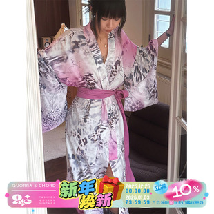 QSC原创设计粉色豹纹三件套宽松外套披肩长袖 浴衣连衣裙晨袍 长款