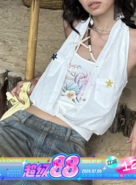 QSC原创刺绣沙滩宝藏扶桑花印花工艺纯棉背心拼接衬衫挂脖上衣