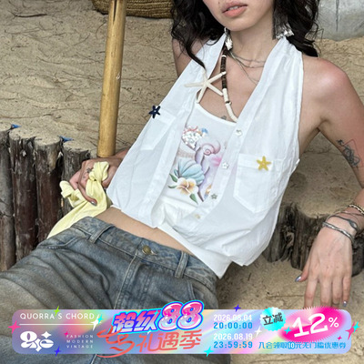 QSC原创刺绣沙滩宝藏扶桑花印花工艺纯棉背心拼接衬衫挂脖上衣