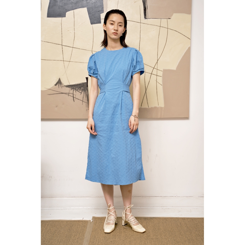 复古系带泡泡袖圆领长裙