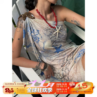 QSC海王英雄归来斜肩露肩上衣连衣裙高弹T恤海星帆船条纹网眼垂顺