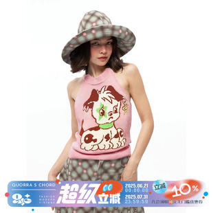 QUORRA CHORD粉色羊毛针织星星小狗挂脖露背针织背心上衣