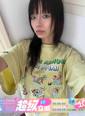 QSC可爱漫画男女宽松黄绿色柔软纯棉做旧oversized大T恤