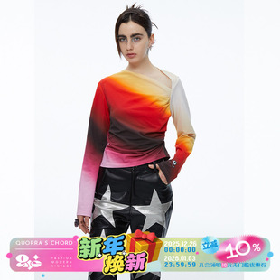 QSC红黑渐变斜领长袖 不退不换 显瘦纯棉打底上衣T恤 惊喜五折