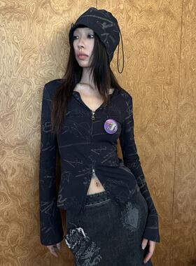 QSC原创朋克涂鸦黑色纯棉弹力喇叭袖长袖V领拉链开衫T恤上衣