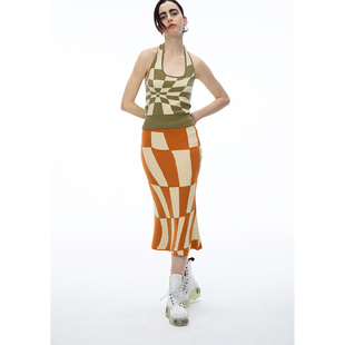 QSC立体格子高腰松紧高弹包臀针织半身裙 不退不换 惊喜五折