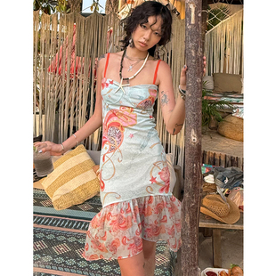 QUORRA S CHORD原创扶桑花腰果花豹纹蓝绿薄荷色高弹吊带连衣裙