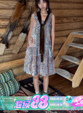 QSC牧徊系列仿真丝丝绒光泽无袖绑带连衣裙哈萨克族纹样城市游牧