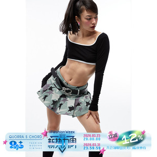 QUORRA CHORD原创迷彩星星印花纯棉绿色低腰辣妹半身裙百褶裙