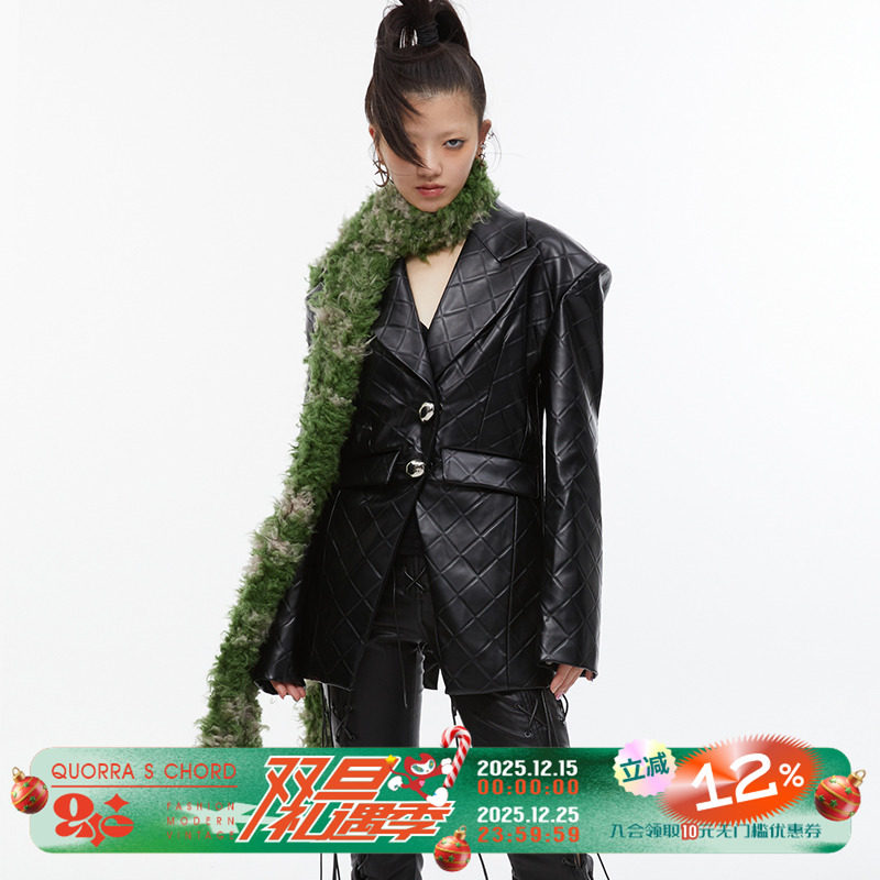 原创设计复古收腰格纹西装外套