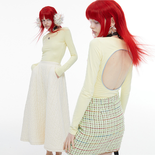 打底上衣内搭T恤 QSC原创设计纯棉一字领露背显白奶黄色撞色长袖