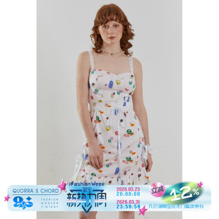 QSC背心束腰蕾丝苹果贴纸印花拼接织带夏季 公主少女连衣裙