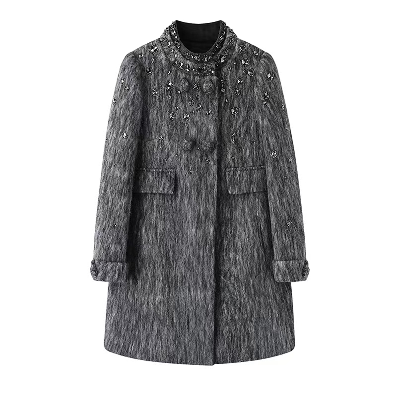 商场同款灰色经典miu系重工钉珠羊毛呢中长款大衣2024秋冬外套