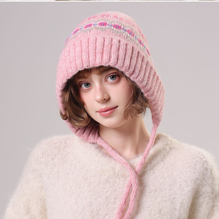 精纺小红书穿搭复古提花加绒针织帽女生洋气韩国显脸小护脸