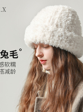 大头围毛线帽子女秋冬季百搭针织包头帽显脸小保暖白色毛绒茸冷帽
