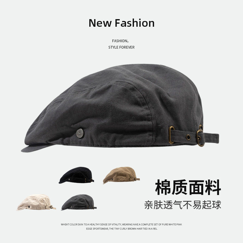 日系复古鸭舌前进帽春夏薄款反戴贝雷帽男街头个性时尚短檐银扣帽