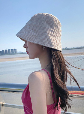 小众纹理渔夫帽女夏季薄款韩版日系百搭纯色防晒复古遮脸水桶帽子