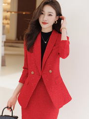 红色职业装西装套装女2023新款春秋酒店经理高端主持人工作服套裙