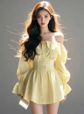 多巴胺韩系名媛风一字领露肩黄色衬衫连衣裙时尚收腰性感A字短裙