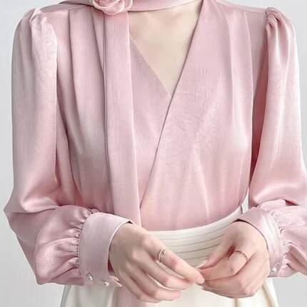 法式醋酸缎面飘带长袖衬衫女春新款设计感小众衬衣高级感v领上衣