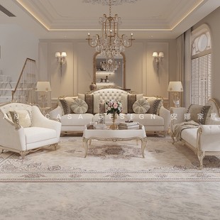 实木沙发组合轻奢浪漫雕花布艺三人沙发奢华宫廷风客厅家具 法式
