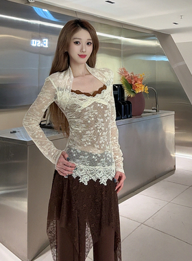 Esu 原创设计 2025秋冬新款蕾丝上衣女T恤 修身收腰气质打底小衫