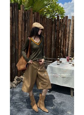 Esu 原创设计 2025秋季长袖T恤女  双v领撞色花边针织衫打底衣