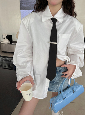 Esu 带领带衬衫女中长款遮屁股下衣失踪宽松慵懒风大码衬衣春