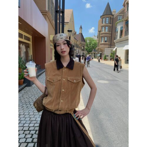 Esu新款撞色领仿麂皮马甲背心女