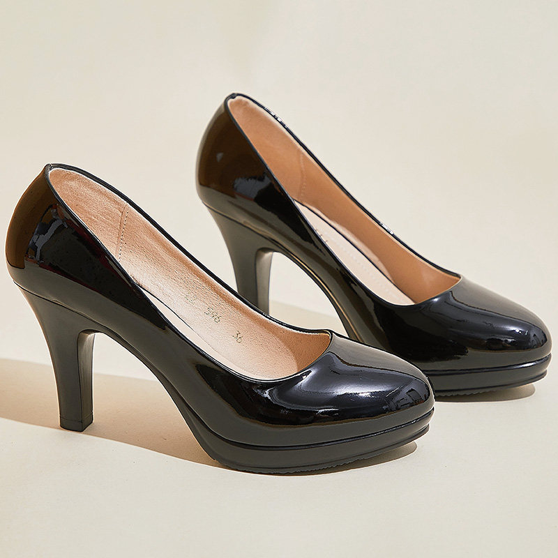 春气质黑色礼仪漆皮亮面高跟鞋女学生8cm圆头浅口皮鞋职业工作鞋