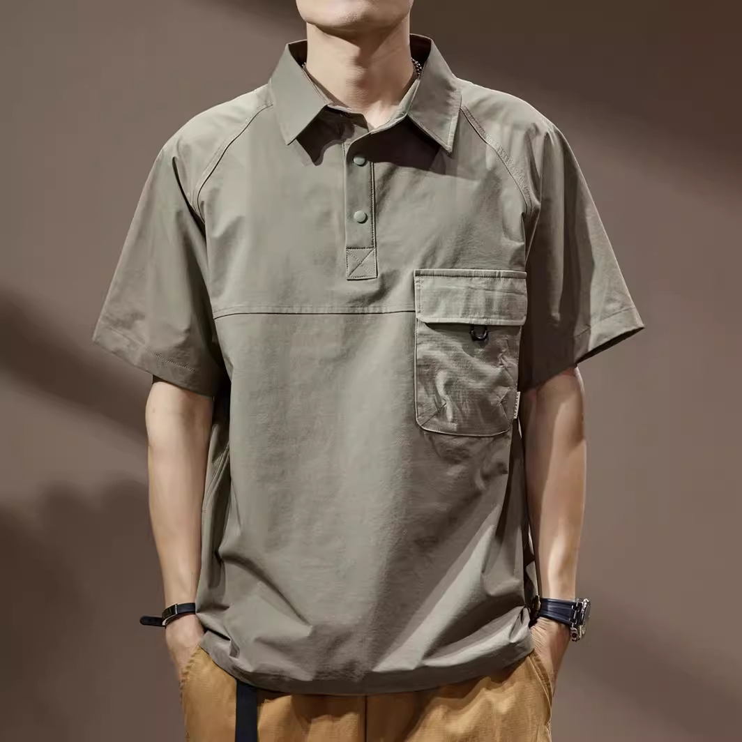 2024夏季美式复古POLO衫男士休闲工装短袖翻领衬衫宽松百搭T恤