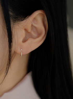 法式极简s925纯银镀18k金可调节C型耳钉通勤百搭镶钻弯钩耳环耳饰