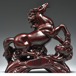 黑檀木雕马到成功摆件十二生肖实木马客厅办公装饰工艺品开业礼物