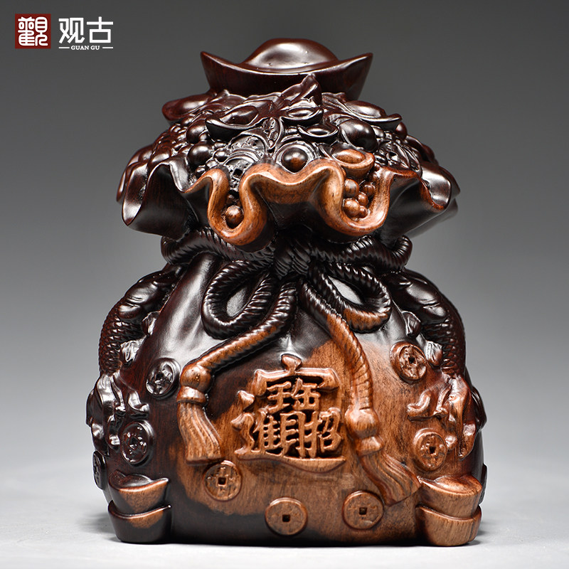 黑檀木雕刻福袋子摆件实木