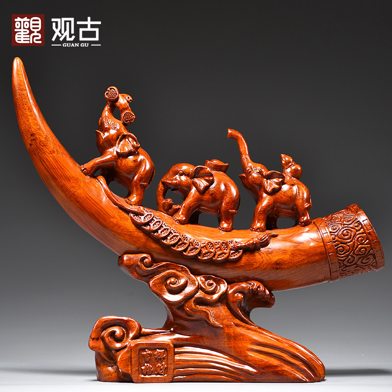实木质吉祥三宝象客厅吉祥象摆件