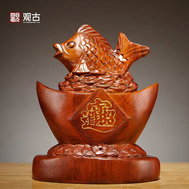 花梨木雕刻鲤鱼摆件客富贵有余家居电视柜装饰品红木乔迁新居礼品