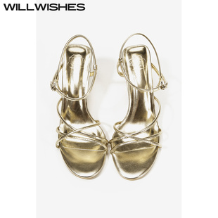023 WILLWISHES 女細(xì)跟涼鞋 一字帶高跟鞋 王玎設(shè)計(jì)夏季 金色時(shí)尚