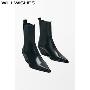 438 街头风粗跟短靴女通勤尖头切尔西靴 WILLWISHES 王玎设计女鞋