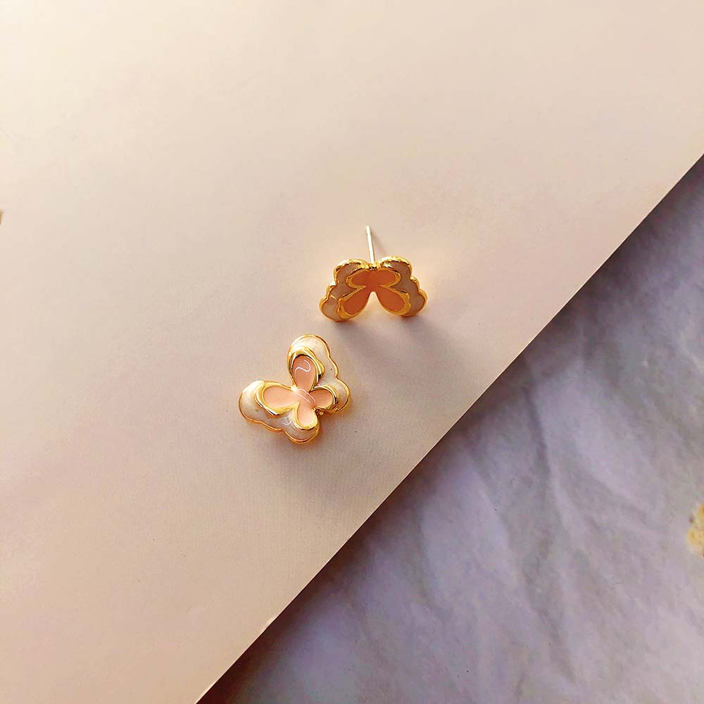精致撞色蝴蝶滴油珐琅高级感银针耳钉耳夹无耳洞女气质时尚耳环