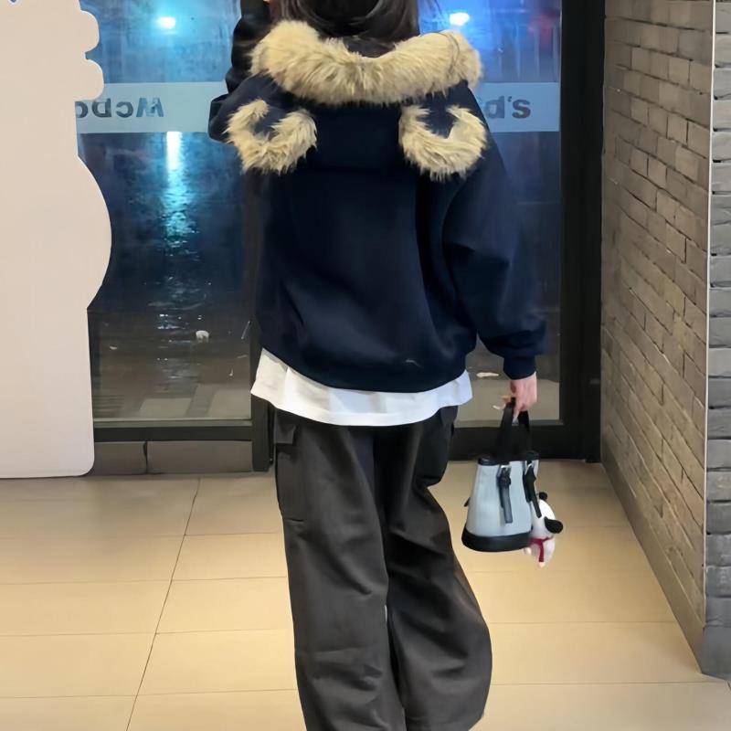 美式复古卡通小熊毛领耳朵连帽卫衣女宽松学院风休闲百搭开衫外套