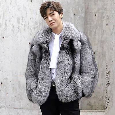 2025冬男款狐狸毛皮草外套休闲时尚保暖银狐翻领裘皮加厚保暖大衣