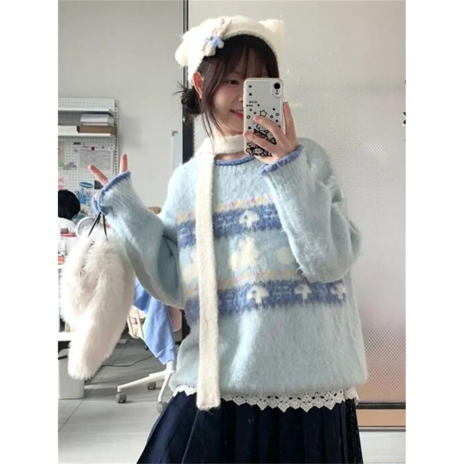 小蘑菇提花软糯条纹套头毛衣女秋冬毛茸茸圆领宽松针织上衣雪尼尔
