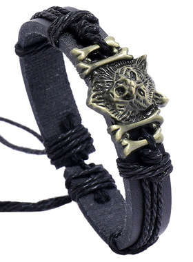 古铜合金狼头仿牛皮手链首饰