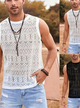 Men's T-shirt 2025夏季欧美性感无袖背心休闲镂空蕾丝纯色T恤男
