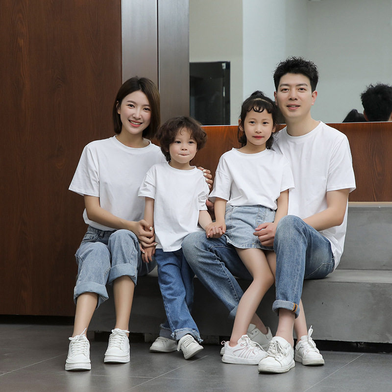 亲子装夏季基础款短袖纯白色弹力棉上衣男童女打底衫全家福T恤