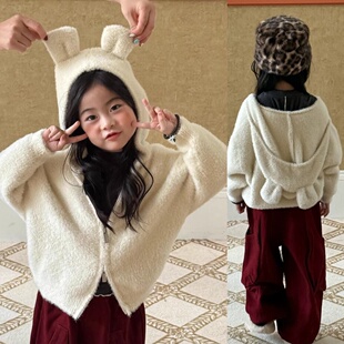儿童洋气可爱韩版毛绒小兔子耳朵女童连帽外套秋春季女孩开衫毛衣