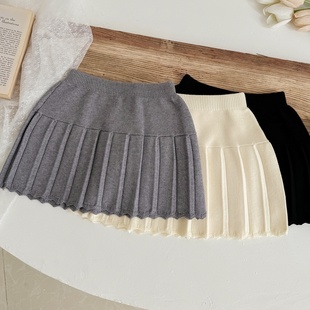 新款女童秋冬季针织半身裙儿童加厚百褶裙毛线半短裙中小童学院风